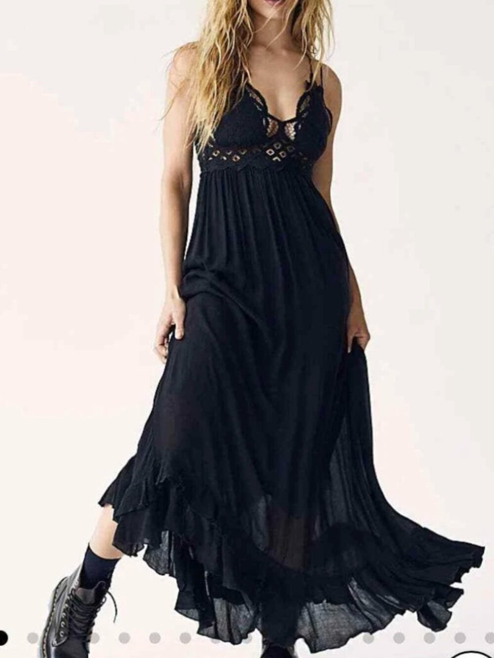 Free People Adella Maxi Slip Dress Black Lace Boho Festival Maxi Size M - Picture 2 of 14